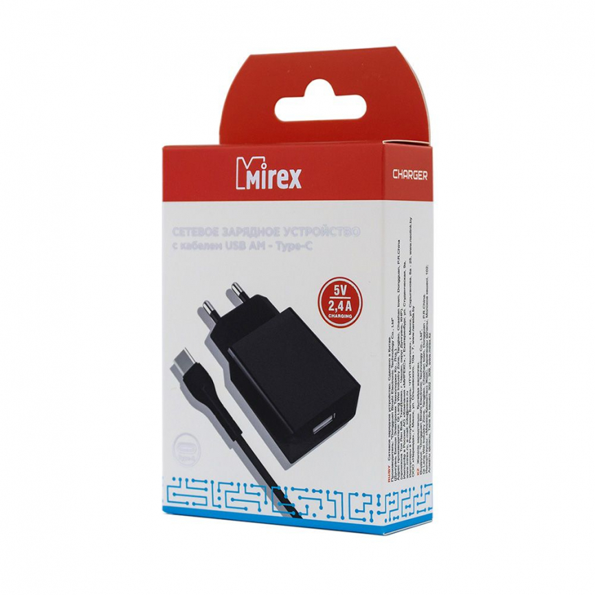 Сетевое зарядное устройство Mirex U16t, USB, 2.4 А, кабель Type-C, 1 м, черное 9222971 фото 1