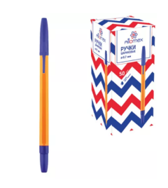 Ручка шариковая " Attomex "  синяя 0,7мм, толщина письма 0,3мм, желтый корпус, колпачок в цвет черни