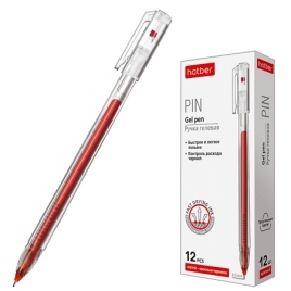 Ручка гелевая " Hatber " Pin красная 0,5мм, трехгранная, рельефный держатель, прозрачный, пластиковы