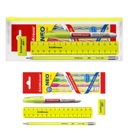 Набор канцелярский " Erich Krause " Neon Solid, желтый, 8 предметов: 4 ручки, карандаш, линейка, лас