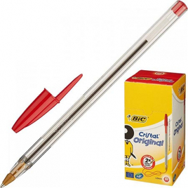 Ручка шариковая " BiC " Cristal Original красная 1,0мм, колпачок с клипом, цвет корпуса- прозрачный,