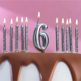 Набор свечей для торта (2 в 1) серебряная Цифра "6" + Свечи "С Днём Рождения" серебро 10шт 7150855