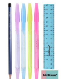 Набор канцелярский " Erich Krause " Pastel, голубой, 7 предметов: 4 ручки, карандаш, линейка, ластик