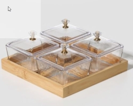 Менажница «Голд», 19.5×19.5 см, на бамбуковой подставке, с крышками, стекло, прозрачная
