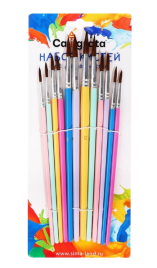 Набор кистей пони круглые 12 штук с цветными ручками пастель(№1,2,3,4,5,6,7,8,9,10,11,12)   10843676
