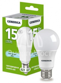 Лампа светодиодная GENERICA A60 15Вт грушевидная 6500К E27 230В LL-A60-15-230-65-E27-G