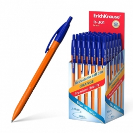 Ручка шариковая автоматическая " Erich Krause " R-301 Orange Matic синяя 0,7мм рифленый держатель, ц