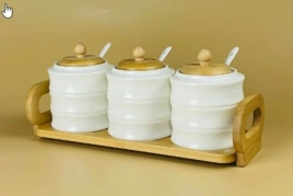 140-155 Набор из 3 банок 320мл для специй с ложками на подставке BAMBOO в под.уп.(х16)Фарфор