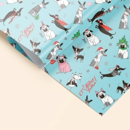 Упаковочная бумага Новогодняя " Миленд " 70*100см 10 листов, Новогодние мопсы, в рулоне, пантон золо