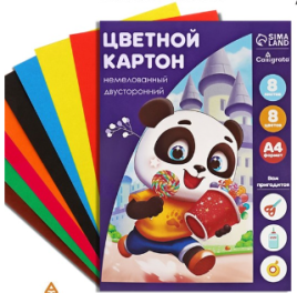 картон цветн А4 8л 8цв немел двуст 200г/м² Дружок, в папке 1307348