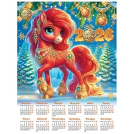 Календарь настенный " Мир открыток " 0-02 на 2026г 446*602мм, Символ года- Красная лошадка в золоте,