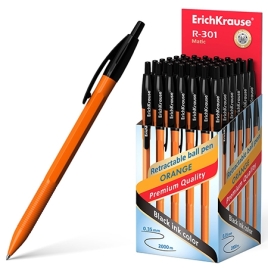 Ручка шариковая автоматическая " Erich Krause " R-301 Orange Matic черная 0,7мм рифленый держатель, 
