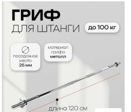 Гриф прямой 120 см, d=25 мм, вес 4,9 кг, до 100 кг с замками    3853210