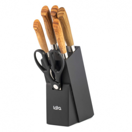 LR05-56 LARA Набор ножей 7 предметов: Подставка (сосна) +5 ножей (Soft touch под дерево) +ножницы