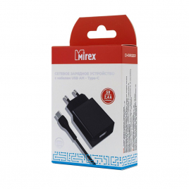 Сетевое зарядное устройство Mirex U16t, USB, 2.4 А, кабель Type-C, 1 м, черное 9222971