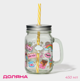 Банка с ручкой, крышкой и трубочкой "Единорог" 450 мл, 10х7,5х13 см 5299823
