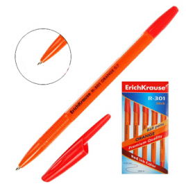 Ручка шариковая " Erich Krause " R-301 Orange красная 0,7мм рифленый держатель, оранжевый корпус, кр