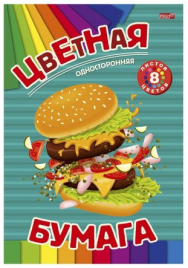 Бумага цветная Проф-Пресс, 166х240 мм, односторонняя, немелованная, 8 листов, 8 цветов, скрепка, "Вк