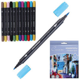 Набор аквамаркеров " Сонет " Основные цвета 12 цветов 1-3мм двухсторонние пулевидный/кисть наконечни