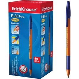 Ручка шариковая " Erich Krause " R-301 Grip Orange синяя 0,7мм резиновый держатель, оранжевый корпус