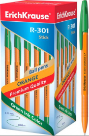 Ручка шариковая " Erich Krause " R-301 Orange зеленая 0,7мм рифленый держатель, оранжевый корпус, ин