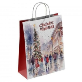 Пакет Новогодний бумажный " ПЗБМ " 25*22*12см Счастливые мгновения, крученые ручки