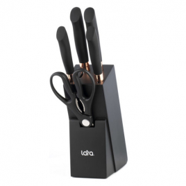 LR05-55 LARA Набор ножей 6 предметов: Подставка (сосна) +4 ножа (Soft touch, мед. больстер) +ножницы