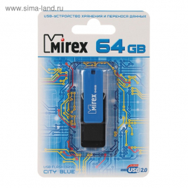 Флешка Mirex CITY BLUE, 64 Гб, USB2.0, чт до 25 Мб/с, зап до 15 Мб/с, цвет черный-синий 4245667