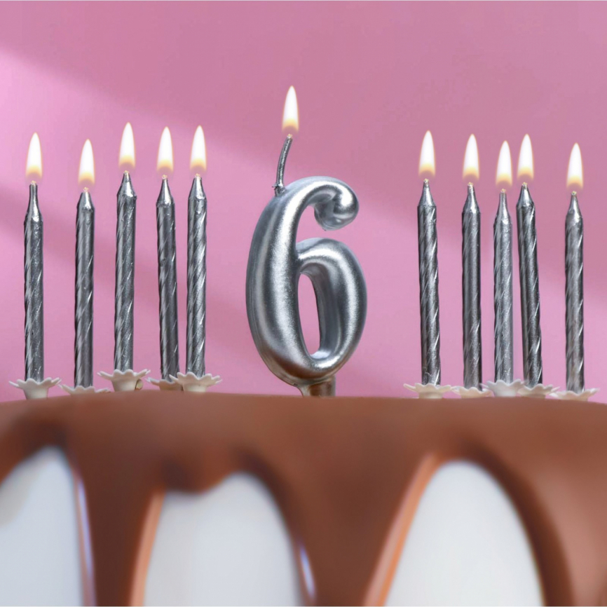 Набор свечей для торта (2 в 1) серебряная Цифра "6" + Свечи "С Днём Рождения" серебро 10шт 7150855 фото 1
