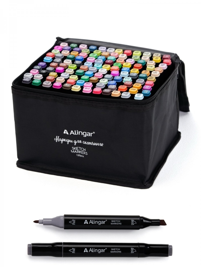 Набор двухсторонних скетчмаркеров Alingar,120 цветов, пулевидный/клиновидный 1-6 мм, спиртовая основ фото 1