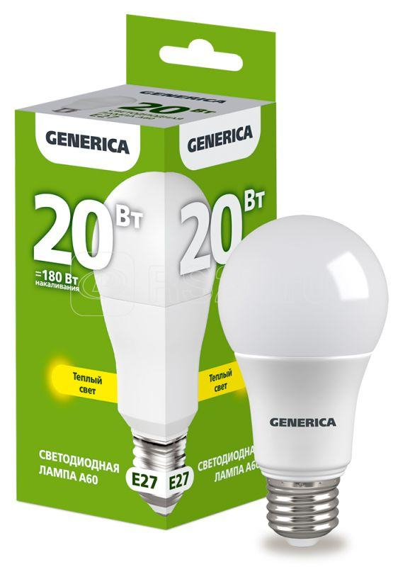 Лампа светодиодная GENERICA A60 20Вт грушевидная 3000К E27 230В LL-A60-20-230-30-E27-G фото 1