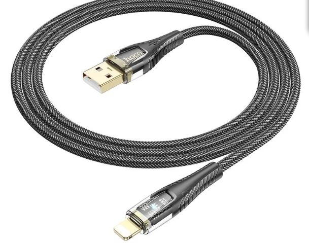 Кабель HOCO U121 USB-Lighting, 1.2m, 2.4A,нейлон , смарт отключ., цвет:черный фото 1