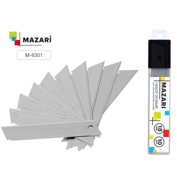 Лезвия для ножей " Mazari " 18мм 10шт в пластиковом пенале фото 1