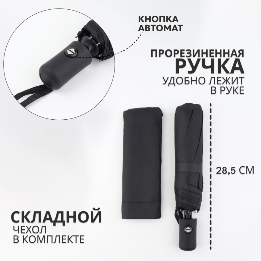 Зонт авт R47/55 8сп 3сл П/Э ОДНОТОН прямая ручка с/рез черный пакет 5570317 фото 1