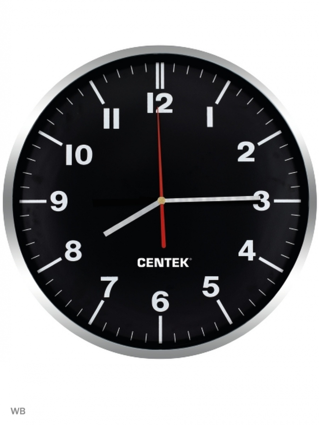 Часы настенные Centek СТ-7100 <Black> (черн + хром) 30 см диам., круг, ПЛАВНЫЙ ХОД, кварц. механизм фото 1