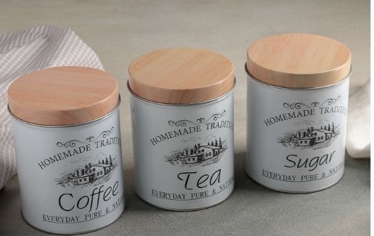 Набор банок для сыпучих продуктов 3 шт "Sugar Coffee Tea", круглые : 10,5х14 см   4577793 фото 1