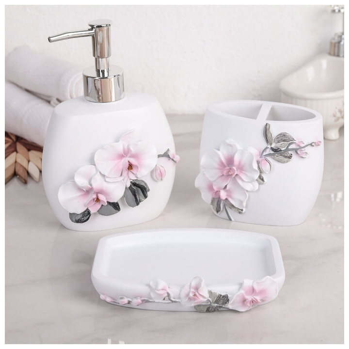 Набор аксессуаров для ванной комнаты «Орхидея», 3 предмета (дозатор 580 мл, мыльница, стакан) фото 1