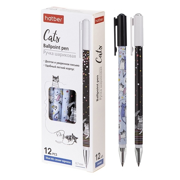 Ручка шариковая " Hatber " Cats синяя 0,7мм, чернила на маслянной основе, ассорти, с колпачком и кли фото 1