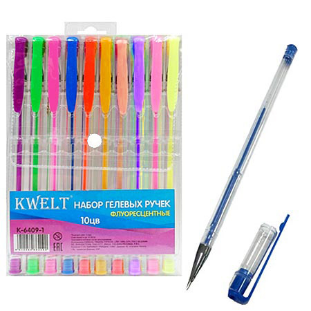 Набор гелевых ручек " KWELT " флуоресцентный 10цв прозрачный корпус, европодвес фото 1