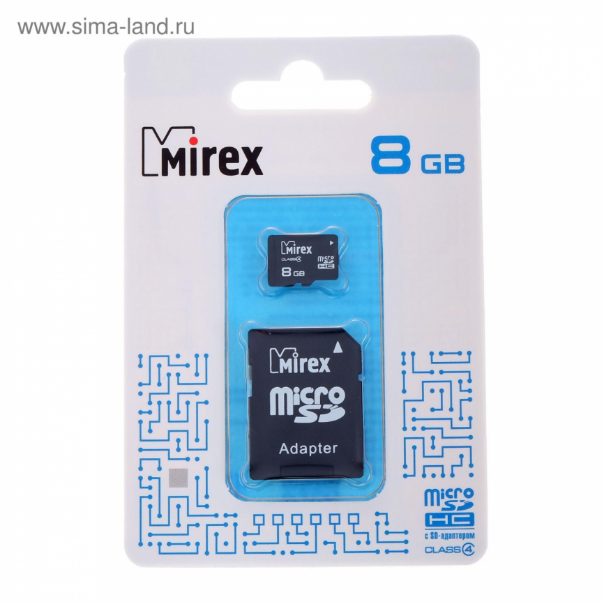 Карта памяти Mirex microSD, 8 Гб, SDHC, класс 4, с адаптером SD  2890985 фото 1