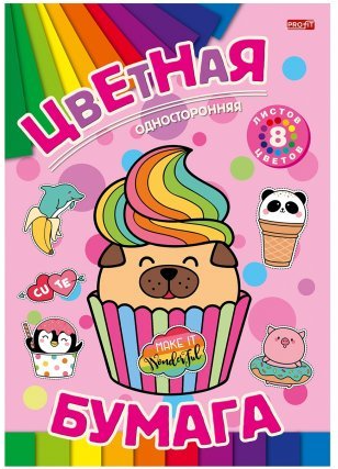 Бумага цветная Проф-Пресс, 166х240 мм, односторонняя, немелованная, 8 листов, 8 цветов, скрепка, "Де фото 1