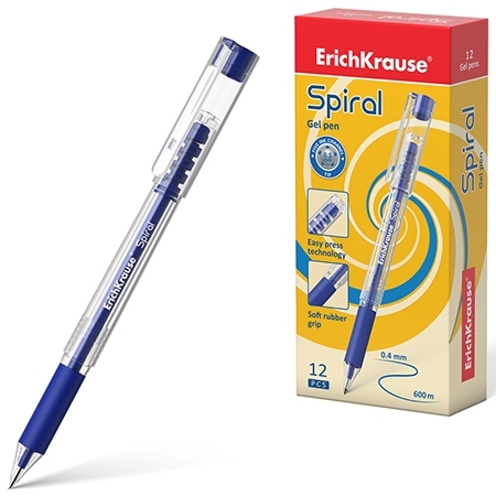 Ручка гелевая " Erich Krause " Spiral синяя 0,5мм, толщина письма 0,4мм, резиновый держатель фото 1