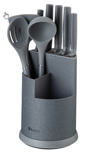 НАБОР ИЗ 9ПР: 5 НОЖЕЙ, ПОЛОВНИК, ЛОПАТКА И ШУМОВКА, ПОДСТАВКА ЦВЕТ СЕРЫЙ AGNESS фото 1