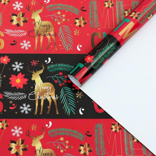 Бумага упаковочная Глянец Merry Christmas, Олени на Красном фото 1