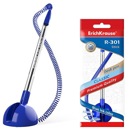 Ручка настольная " Erich Krause " R-301 Desk Pen синяя 1,0мм, цвет корпуса- синий, пластиковый шнур, фото 1