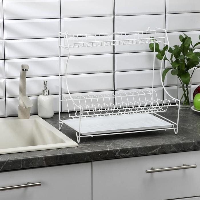 Сушилка для посуды с поддоном 2-х ярусная, настольно-настенная, 39,5×25×38 см, цвет белый 1141393 фото 1